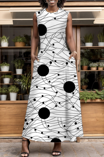 White Abstract Print O Neck Sleeveless with Pocket A-line Casual Vacation Long Maxi Dresses