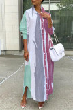 Multicolor Casual Abstract Print Buttons Turndown Collar Long Sleeve Maxi Shirt Dresses
