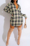 Green Casual Plaid Print Buttons Turndown Collar Long Sleeve Mini Shirt Dresses