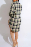 Green Casual Plaid Print Buttons Turndown Collar Long Sleeve Mini Shirt Dresses