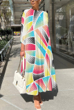 Blue Abstract Print O Neck Three Quarter Sleeve Loose A-line Casual Vacation Long Maxi Dresses