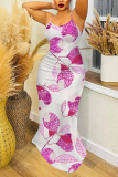Green Floral Print Off Shoulder Sleeveless Backless Spaghetti Strap Floor Length Casual Outings Plus Size Loose Maxi Slip Dress