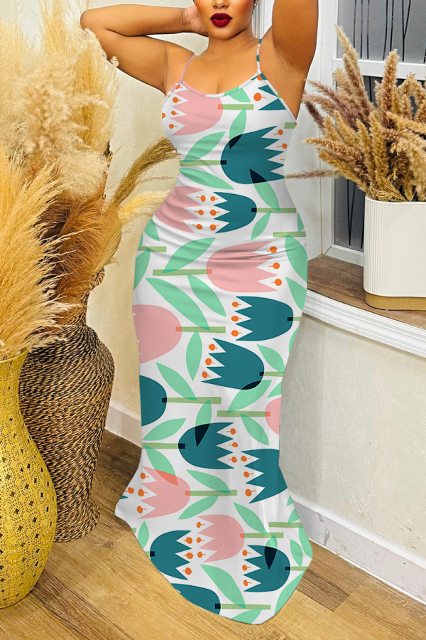 Green Floral Print Off Shoulder Sleeveless Backless Spaghetti Strap Floor Length Casual Outings Plus Size Loose Maxi Slip Dress