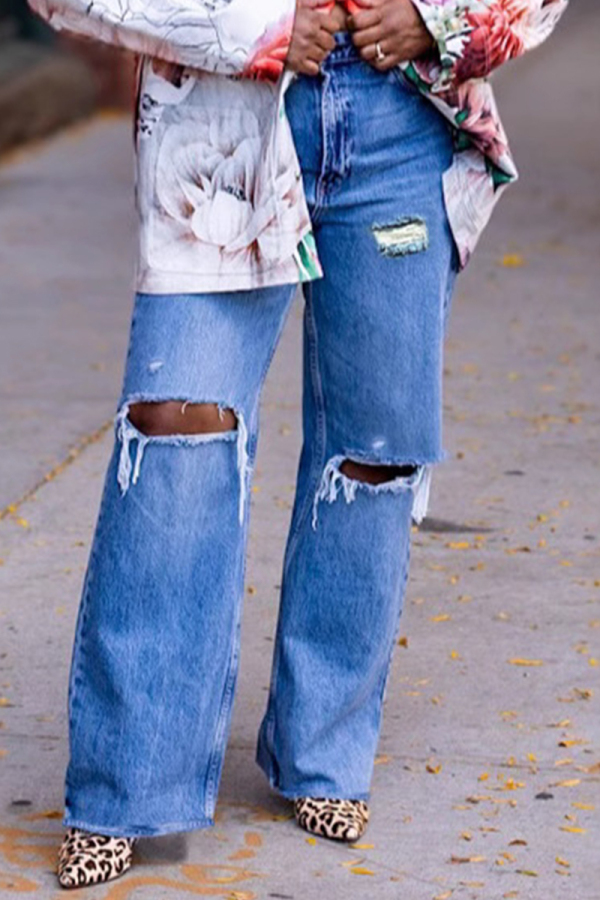Blue Casual Solid Color Ripped High Waist Straight Denim Jeans