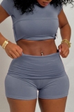 Black Sportwear Casual O Neck Short Sleeve Crop Tops and Shorts Bodycorn Two Pieces Sets