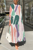 Blue Abstract Print O Neck Three Quarter Sleeve Loose A-line Casual Vacation Long Maxi Dresses