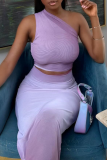 Purple Gauze Gradient Print Backless One Shoulder Sleeveless Crop Tops and Long Skirts Bodycon Party ClubTwo Pieces Dress Sets