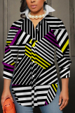 Blue Purple Casual Abstract Print Buttons Slit Turndown Collar Long Sleeve Shirts Tops