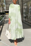 White Brown Floral Print O Neck Three Quarter Sleeve Loose A-line Casual Vacation Long Maxi Dresses