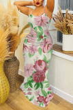 Light Purple Floral Print Off Shoulder Sleeveless Backless Spaghetti Strap Floor Length Casual Outings Plus Size Loose Maxi Slip Dress