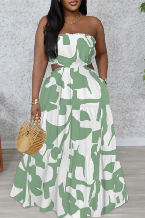 White Green Abstract Print Pocket Backless Strapless A-line Casual Vacation Long Tube Dresses