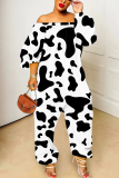 White Black Casual Abstract Print Off Shoulder Long Lantern Sleeve Loose Overall Jumpsuits