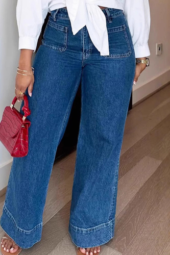 Blue Casual Daily Solid Color Pocket Patchwork High Waist Straight Denim Jeans Blue Casual Daily Solid Color Pocket Patchwork High Waist Straight Denim Jeans