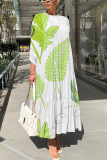 White Brown Floral Print O Neck Three Quarter Sleeve Loose A-line Casual Vacation Long Maxi Dresses