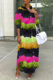 Multicolor Casual Abstract Print Buttons Turndown Collar Long Sleeve Maxi Shirt Dresses