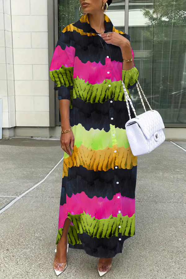 Multicolor Casual Abstract Print Buttons Turndown Collar Long Sleeve Maxi Shirt Dresses