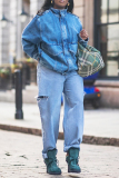 Blue Casual Solid Color Ripped High Waist Loose Straight Denim Jeans