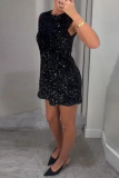 Black O Neck Sleeveless Sequins Bow Decor Celebrities Party Club Short Dresses