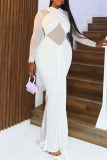 White See-Through Backless Belted V Neck Long Sleeve Party Evening Formal Bodycorn Maxi Dresses