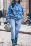 Blue Casual Solid Color Ripped High Waist Loose Straight Denim Jeans