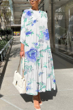White Brown Floral Print O Neck Three Quarter Sleeve Loose A-line Casual Vacation Long Maxi Dresses