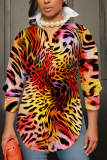 Tangerine Casual Abstract Print Buttons Slit Turndown Collar  Long Sleeve Shirts Tops