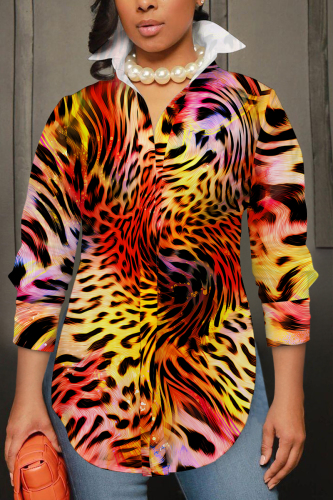 Tangerine Casual Abstract Print Buttons Slit Turndown Collar  Long Sleeve Shirts Tops