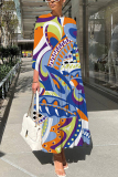 Blue Abstract Print O Neck Three Quarter Sleeve Loose A-line Casual Vacation Long Maxi Dresses