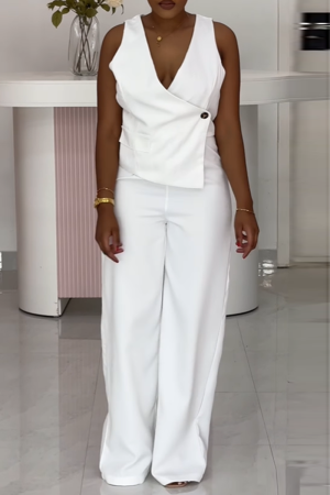 White Sleeveless V Neck Buttons Formal Office Lady Casual Wide Leg Jumpsuits