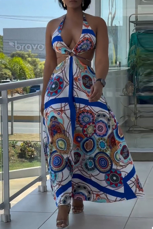 Blue Graphics Print Sleeveless Backless Belted Vacation Halter Maxi Dresses