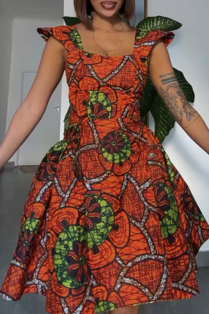Orange Graphics Print Square Neck Small Flying Sleeve Cross Straps A Line Pleated Midi Dresses