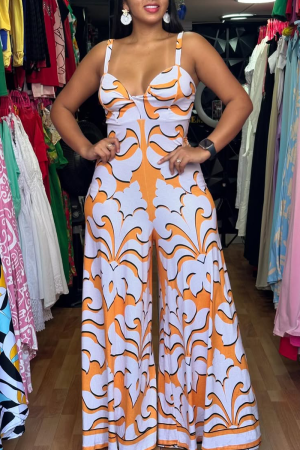 White Orange Graphics Print Sleeveless Patchwork Spaghetti Strap Casual Loose Vacation Wide Leg Cami Jumpsuits