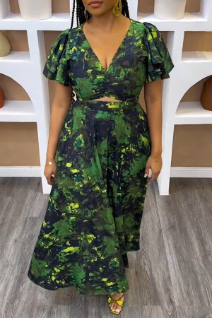 Green Graphics Print V Neck Flare Sleeve Hollow Out Casual Vacation Maxi Dresses