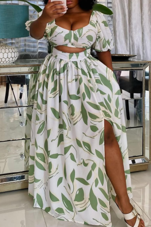 White Green Leaf Print Square Neck Puff Sleeve Hollow Out Pocket Slit Casual Vacation Maxi Dresses
