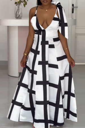 White Black Graphics Print Sleeveless Strap Design Vacation Maxi Slip Dresses