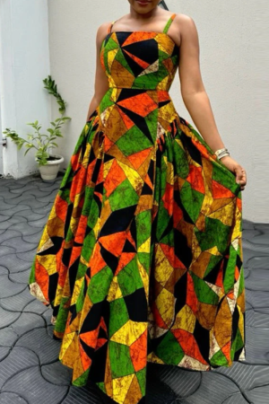 Multicolor Graphics Print Sleeveless Pleated Vacation Maxi Slip Dresses