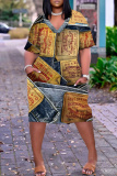 Blue Khaki Casual Faux Denim Print V Neck Short Sleeve Loose Pockets Midi T-Shirt Dress