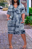 Blue Khaki Casual Faux Denim Print V Neck Short Sleeve Loose Pockets Midi T-Shirt Dress