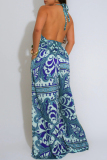Blue Boho Graphics Print Sleeveless Backless Belted Casual Vacation Halter Wide Leg Jumpsuits