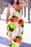 Yellow Green Graphics Print Backless Spaghetti Strap Sleeveless Vacation Loose Long Maxi Slip Dresses