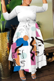Khaki Graphics Print O Neck 3/4 Sleeve Belted Pockets Long Vacation Casual Pleated A Line Maxi Dresses