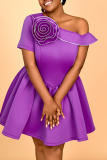 Purple 3D Flowers Decor Oblique Collar Single Sleeve Formal Evening Party Prom A Line Plus Size Pleated Mini Dresses