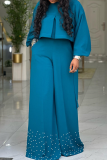 Peacock Blue Beading O Neck Long Sleeve Irregular Blouse And Wide Leg Pants Formal Office Lady Casual Two Pieces Trouser Sets