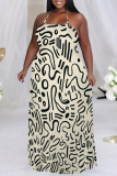 Beige Colorblock Chain Newspaper Print Backless Sleeveless Loose Plus Size Halter Maxi Dresses
