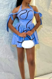 Blue Stripe Print Sleeveless Strap Design Vacation A Line Pleated Halter Mini Dresses