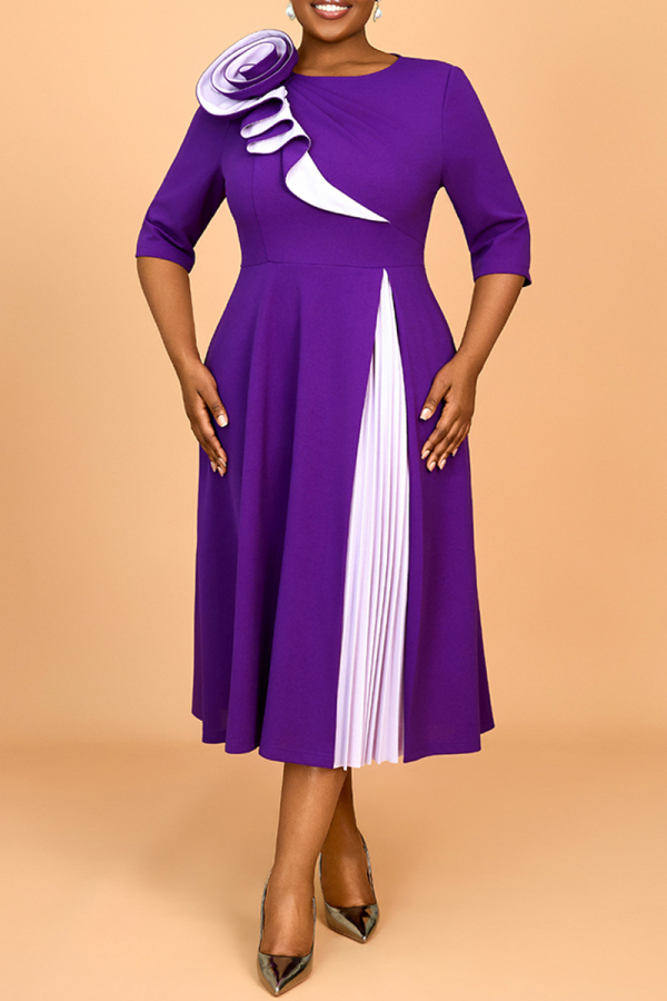 Purple 3D Flowers Decor O Neck Half Sleeve Formal Office Lady Casual Plus Size A Line Pleated Maxi Dresses