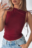 Black Sleeveless Oblique Collar Lace Up Irregular Crop Tops