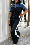 Green Zipper Collar Short Sleeve Denim Patchwork Casual Sportwear Wide Leg Jumpsuits