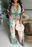 Light Blue Floral Print V Neck Short Sleeve Casual Vacation Wide Leg Jumpsuits
