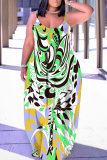 Green Graphics Print Backless Spaghetti Strap Sleeveless Vacation Loose Long Maxi Slip Dresses